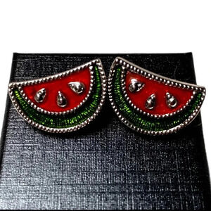 AVON Signed VINTAGE Watermelon Earrings Enamel Silver Tone Studs .75”